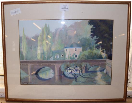 French bridge scene, gouache